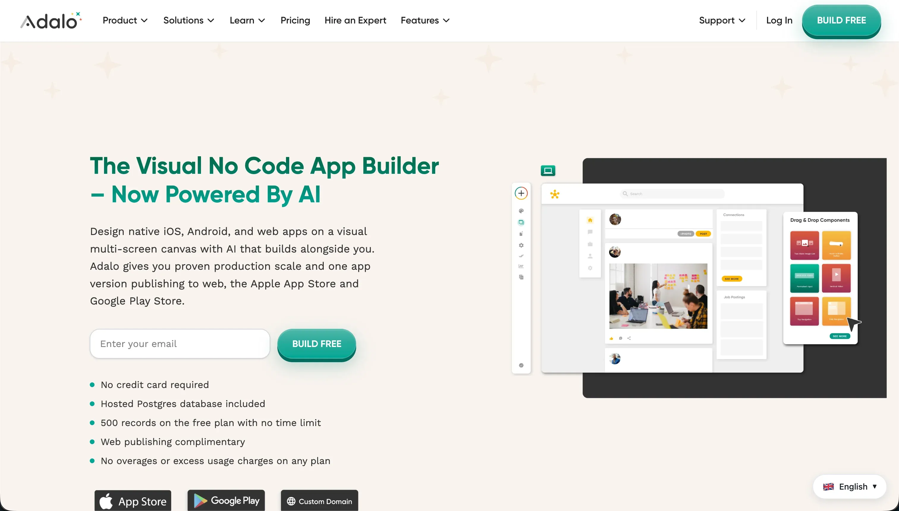Adalo homepage - no-code mobile and web app builder