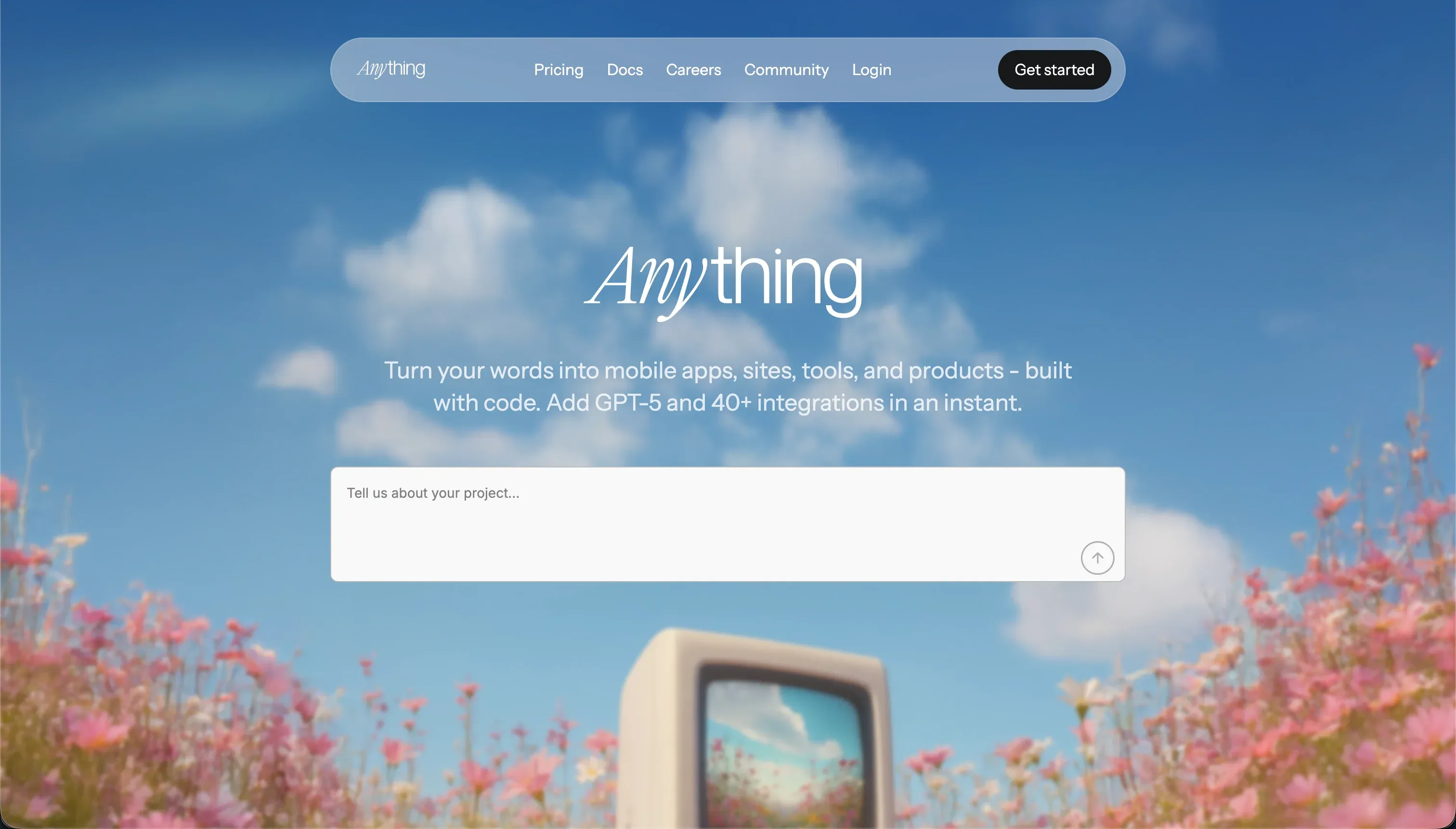 Homepage do construtor de IA Anything (antigo Create.xyz) - canvas visual para apps web alimentados por IA