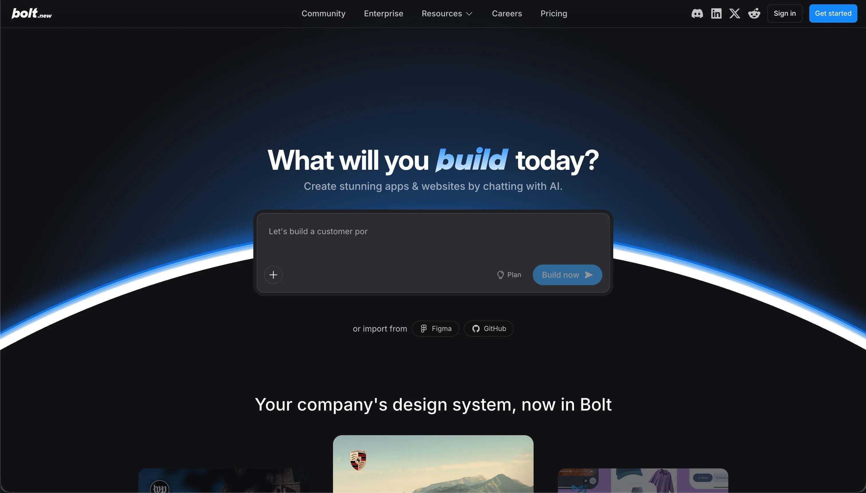 Homepage do construtor de IA Bolt - ferramenta de scaffolding com IA para desenvolvedores que querem controle do código