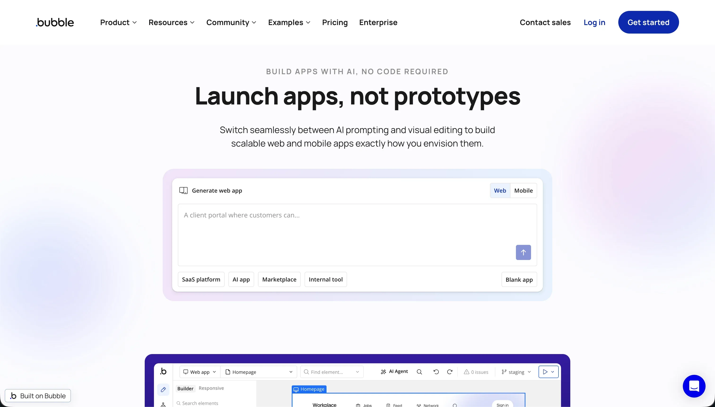 Homepage da plataforma de programação visual Bubble - construtor no-code para apps web complexos