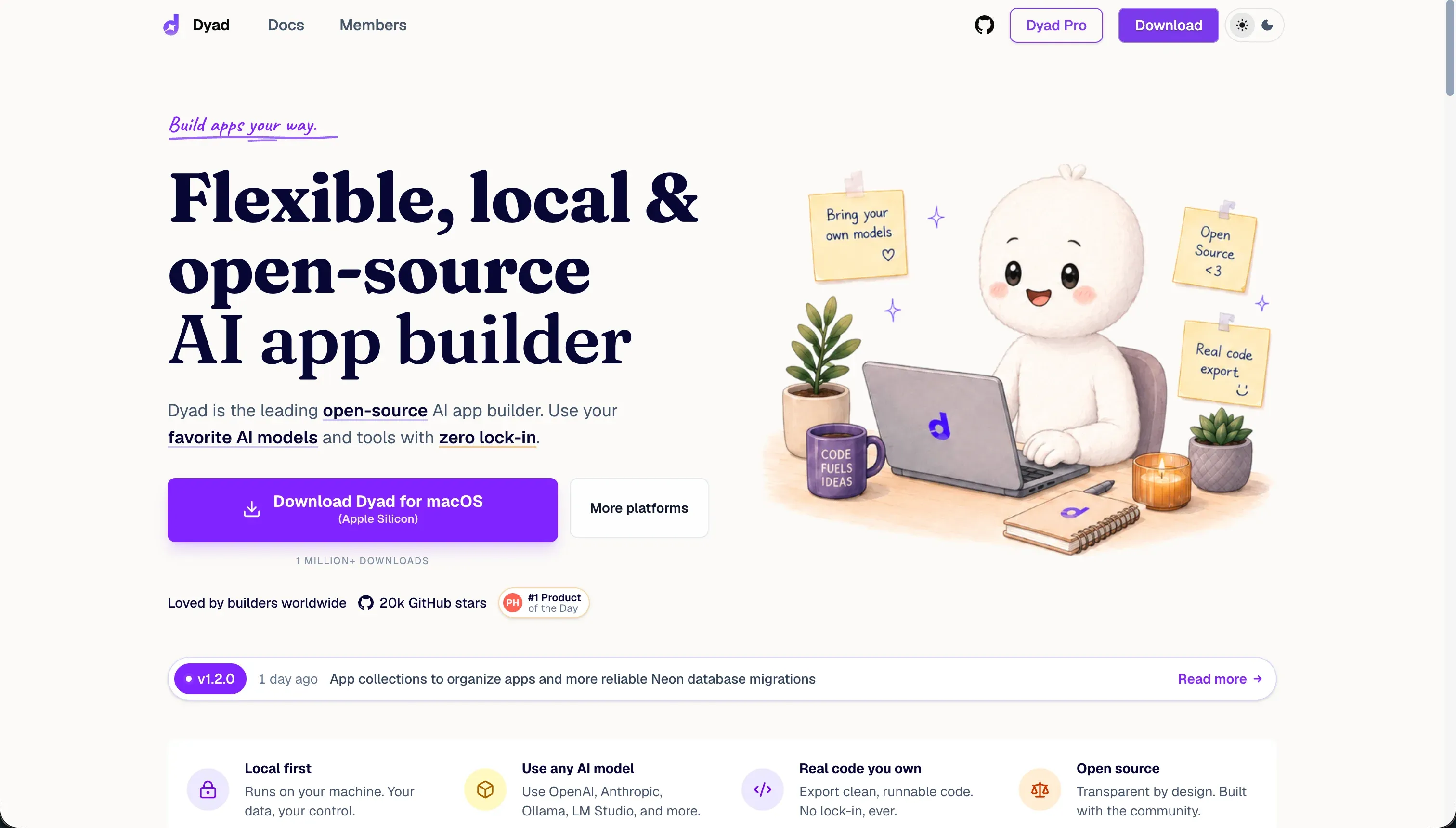 Homepage do construtor de apps com IA local Dyad - focado em privacidade, executa modelos na sua máquina