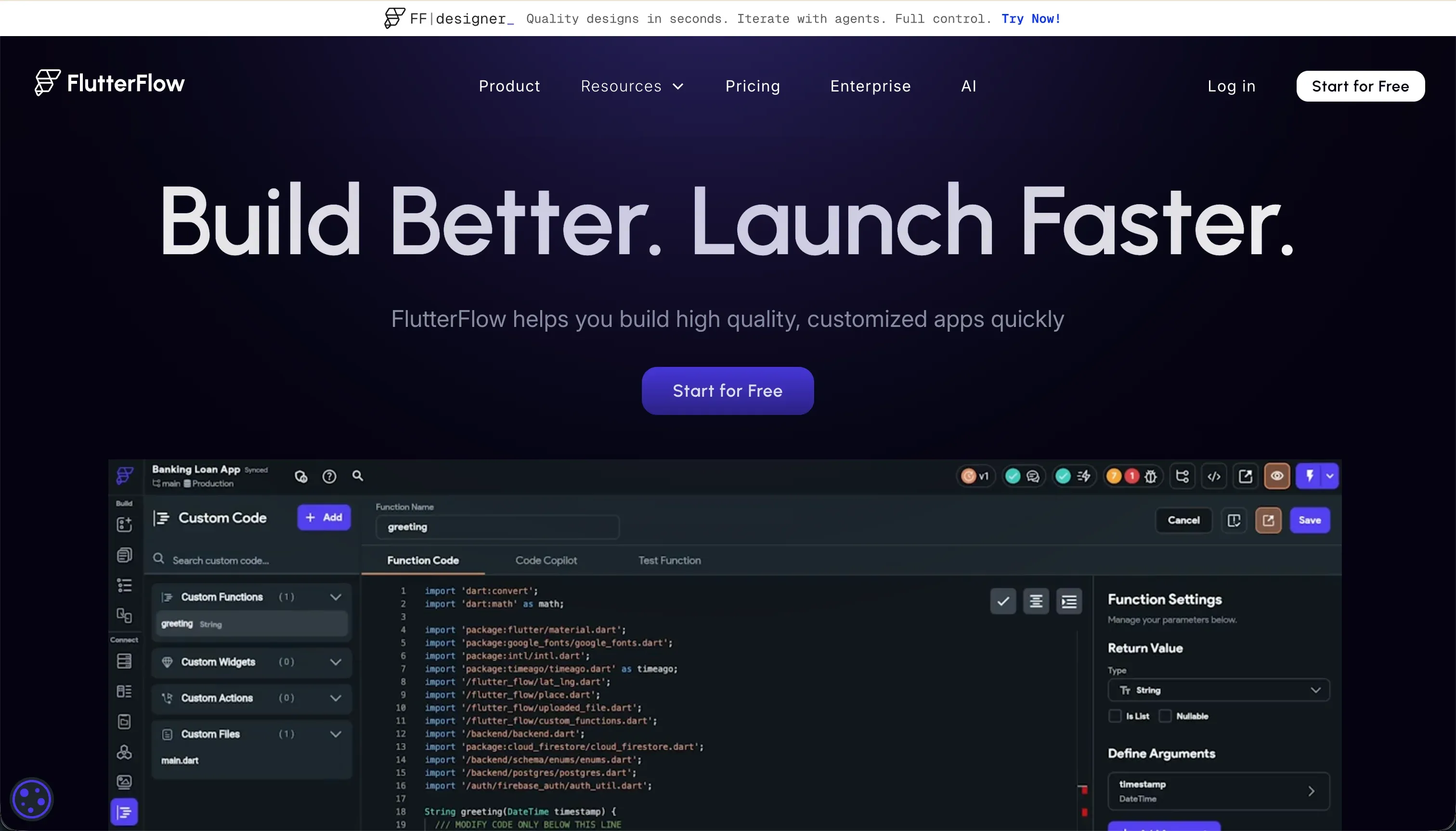 FlutterFlow homepage — visual builder for native iOS and Android apps