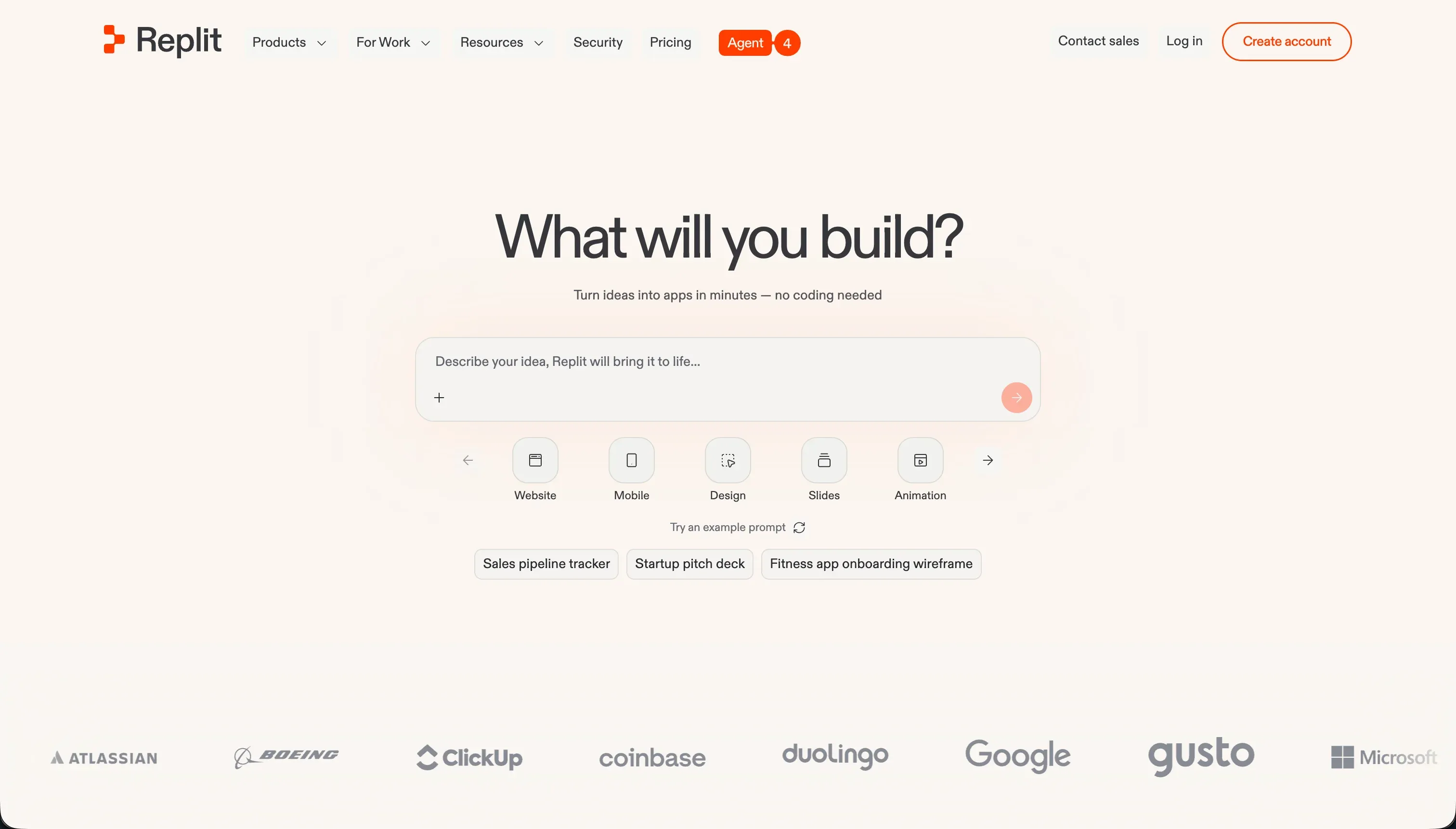 Replit homepage - collaborative cloud IDE with AI generation