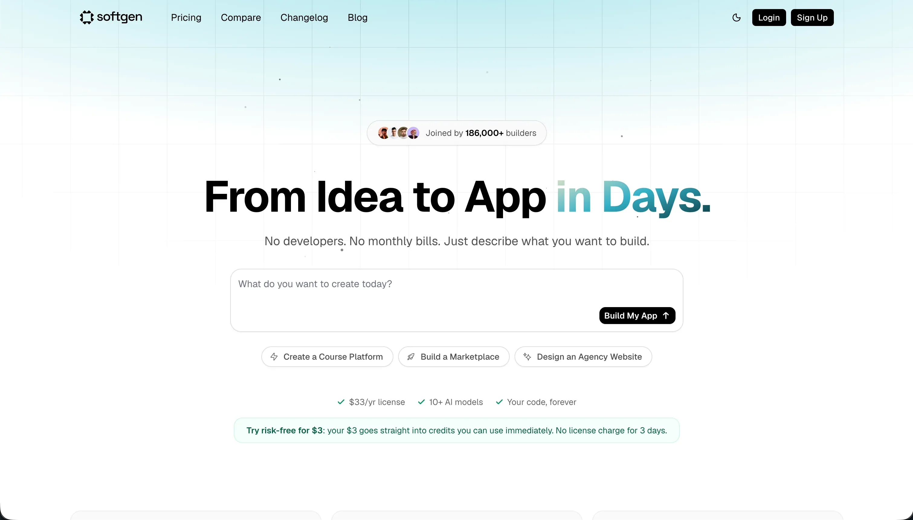 Softgen homepage - Conversational AI app builder with pay-as-you-go credits