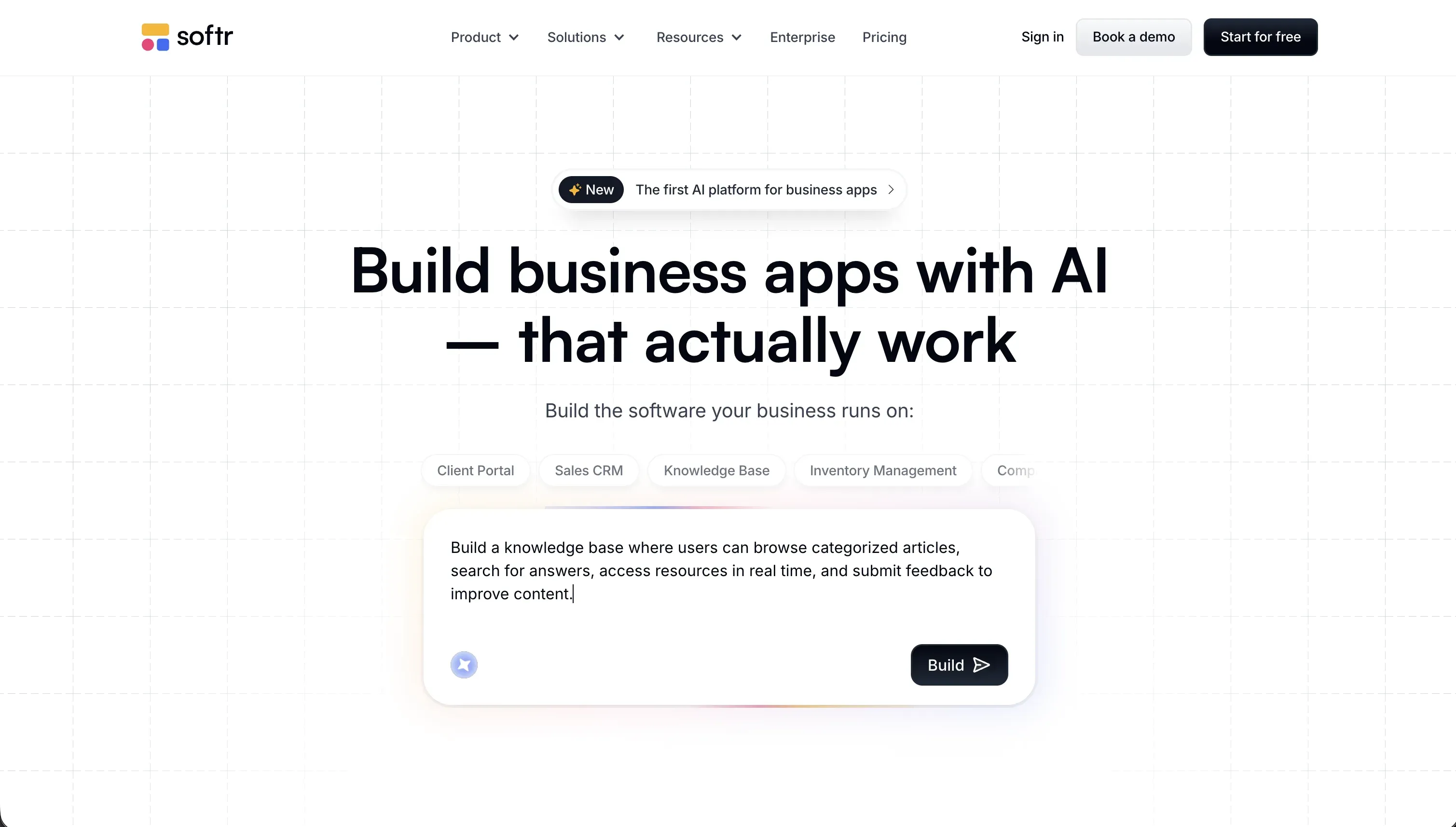 Softr homepage - AI-native platform for building business software without code
