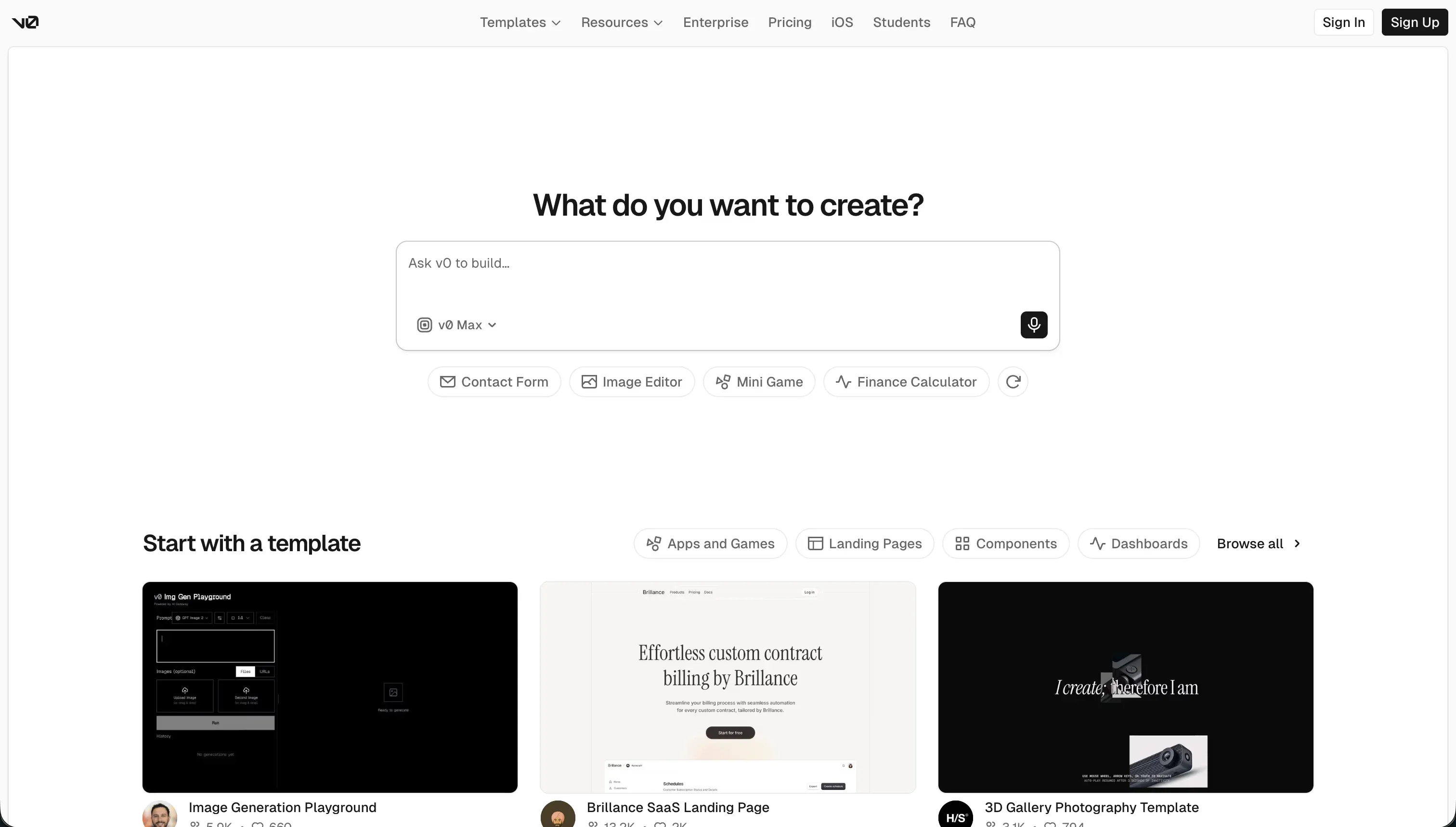 v0 by Vercel homepage - AI-powered React UI component generator